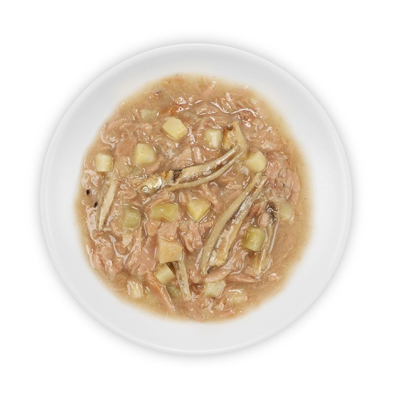 Close-up of wet food with fish pieces and potato cubes in sauce on a white plate.