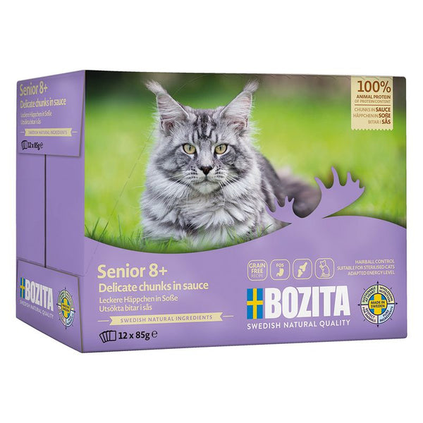 Bozita Senior 8+ Delicate chunks in sauce, 12x85g. 100% animal protein, grain-free, hairball control, suitable for sterilised cats. Made in Sweden.