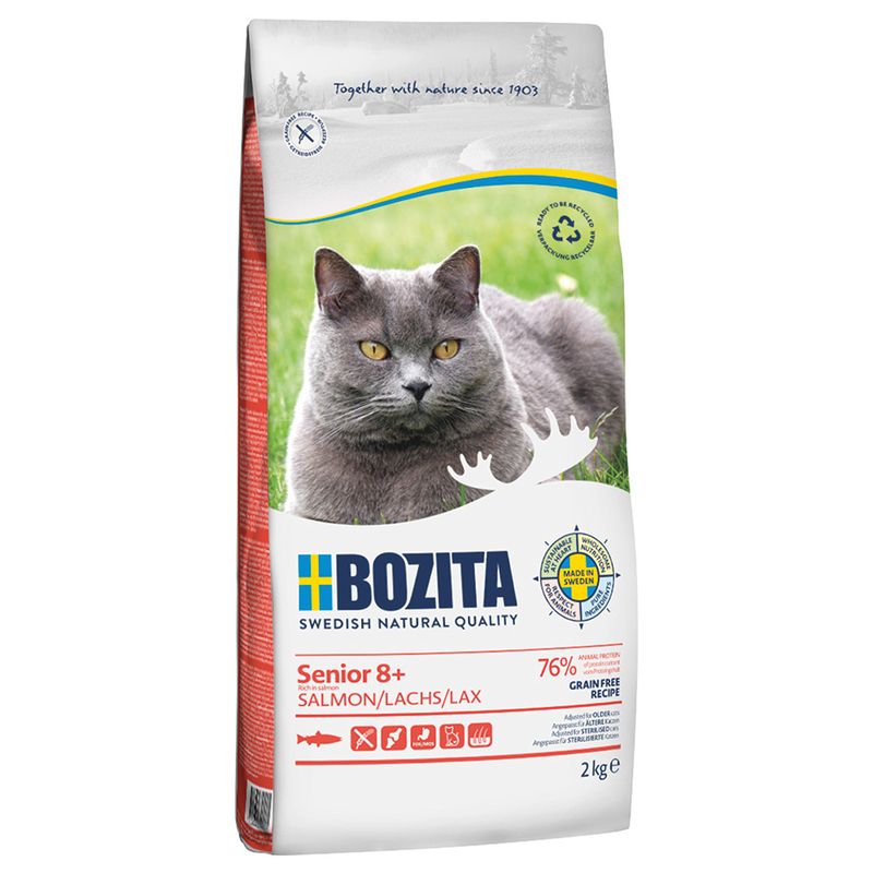 Bozita Senior 8+ cat food with salmon, 76% animal protein, grain-free, Made in Sweden, 2 kg pack.