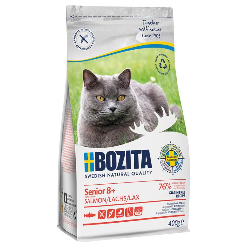 Bozita Senior 8+ Salmon, 400g. Grain-free recipe with 76% animal protein. Made in Sweden. Suitable for older cats. Packaging shows a grey cat on a green background.
