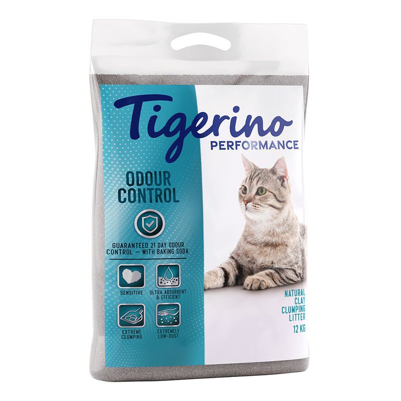 Tigerino Performance Odour Control cat litter, natural clay clumping litter, 12 kg. Guaranteed 21 days odour control with baking soda, ultra absorbent, highly clumping, low dust.