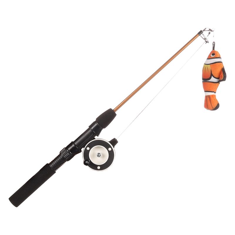 Play wand with black handle, brown rod and orange fish toy at the end of the string.