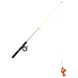 Play rod with black handle, reel, and orange fish toy at the end of the string.