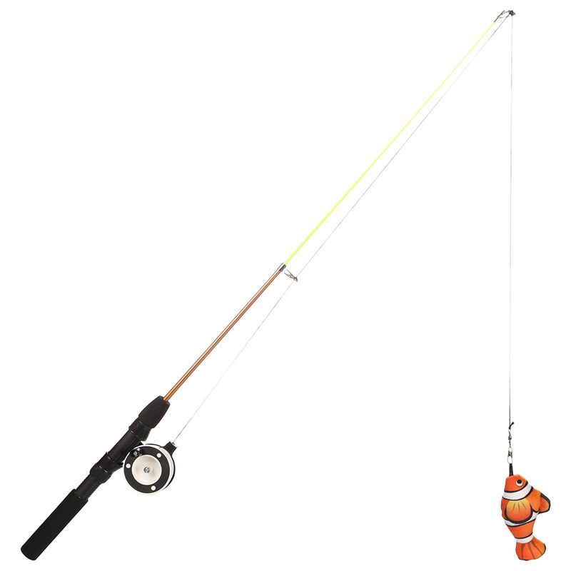 Play wand with black handle, yellow string and orange-white plush fish pendant as a toy for pets.