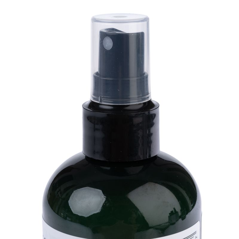 Spray bottle with black pump attachment and transparent cap, suitable for liquids.