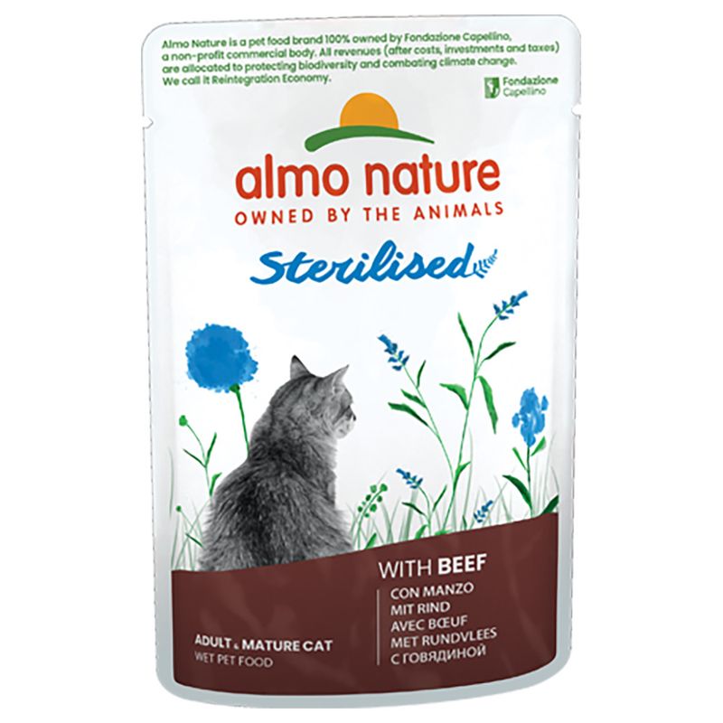 Almo Nature Sterilised wet food for adult, sterilised cats with beef. Packaging shows cat and floral design.