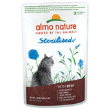 Almo Nature Sterilised wet food for adult, sterilised cats with beef. Packaging shows cat and floral design.