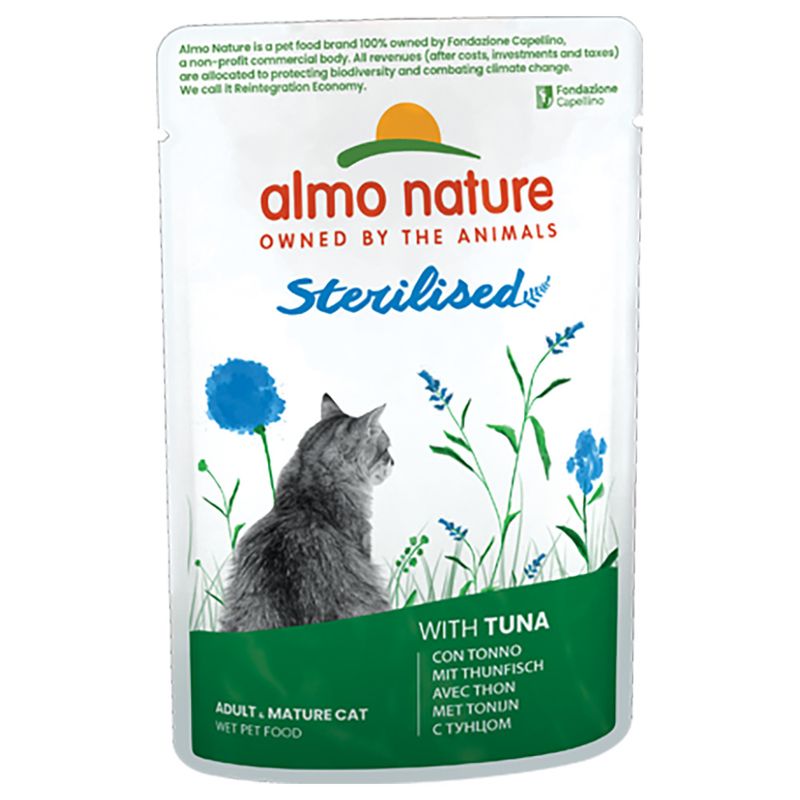 Almo Nature Sterilised wet food for adult, sterilised cats with tuna. Packaging shows a cat and plant motif.