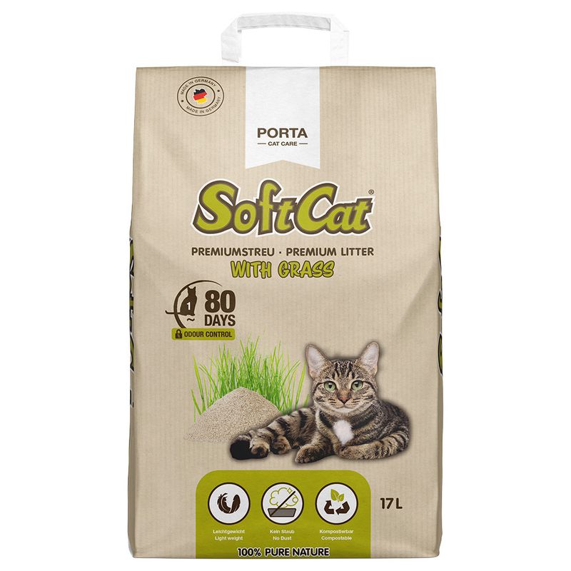 SoftCat Premium litter with grass, 80 days odour control, lightweight, dust-free, compostable, Made in Germany, 17L pack.