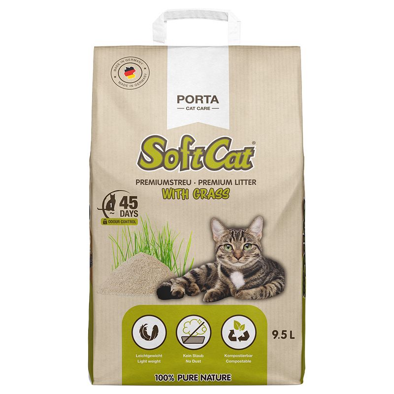 SoftCat Premium litter with grass, 9.5L. Made in Germany, odour-binding up to 45 days, lightweight, dust-free, compostable. 100% Pure Nature. Porta Cat Care.