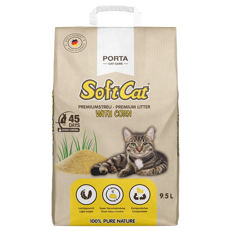 Soft Cat Premium litter with corn, 9.5L. Made in Germany. Features: lightweight, excellent odour control, compostable. Lasts up to 45 days. 100% Pure Nature.