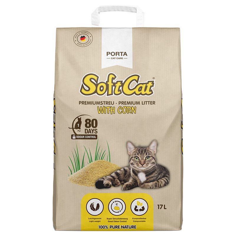 SoftCat Premium litter with corn, 17L. Odour control for up to 80 days. Lightweight, excellent odour binding, compostable. Made in Germany, 100% pure nature.