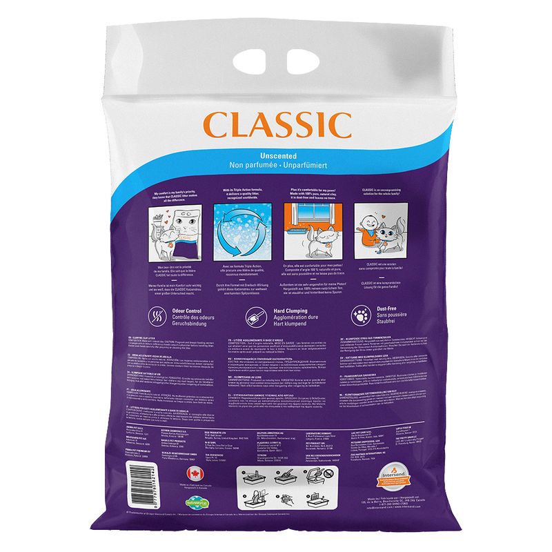 Back of product bag showing usage instructions, odour control, hard clumping, dust-free features, and illustrated steps for use. Includes multilingual text and icons explaining product benefits.
