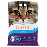 Intersand Classic cat litter, unscented, with Triple Action: odour control, hard clumping, dust-free. Packaging shows cat and product details. Content: 14 kg.