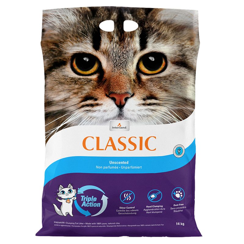 Intersand Classic cat litter, unscented, with Triple Action: odour control, hard clumping, dust-free. Packaging shows cat and product details. Content: 14 kg.