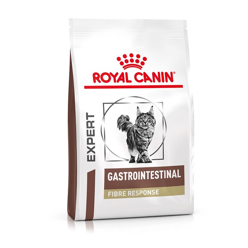 Royal Canin Expert Gastrointestinal Fibre Response cat food, packaging with image of a cat and visible product name.