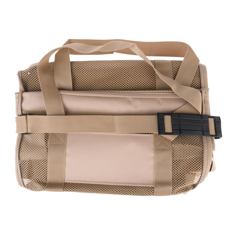 Beige transport bag with mesh sides, carrying handles and black clip fastener.