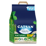 Catsan Natural clumping litter, 20 litres. 100% biodegradable, made with renewable raw materials, quick and solid clumping. Easy opening shown at top of pack.