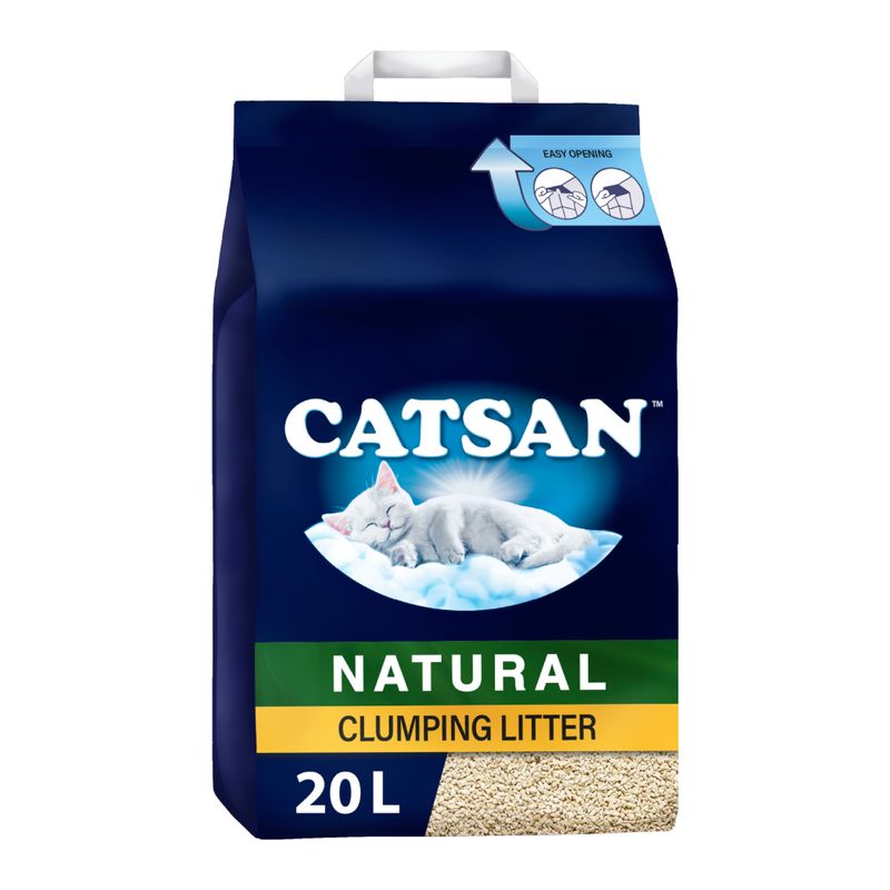 Catsan Natural Clumping Litter, 20 litres. Easy opening instructions shown on top corner of packaging.