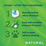 Catsan litter triple advantage: absorbs before odour develops, easy and complete removal of clumps, soft to paws without sticking. Natural.