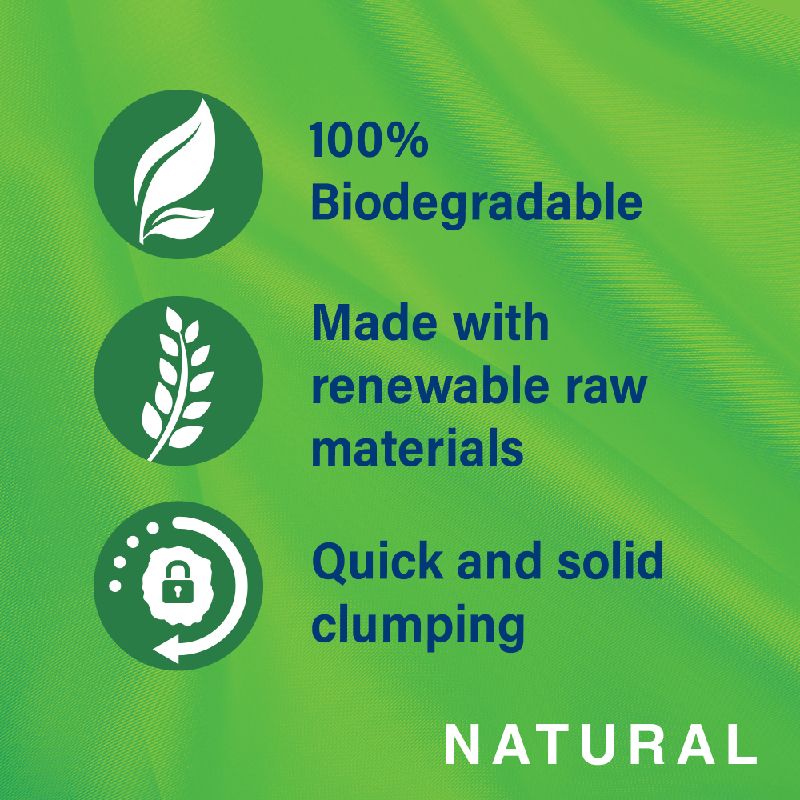 100% biodegradable, made with renewable raw materials, quick and solid clumping. Natural.