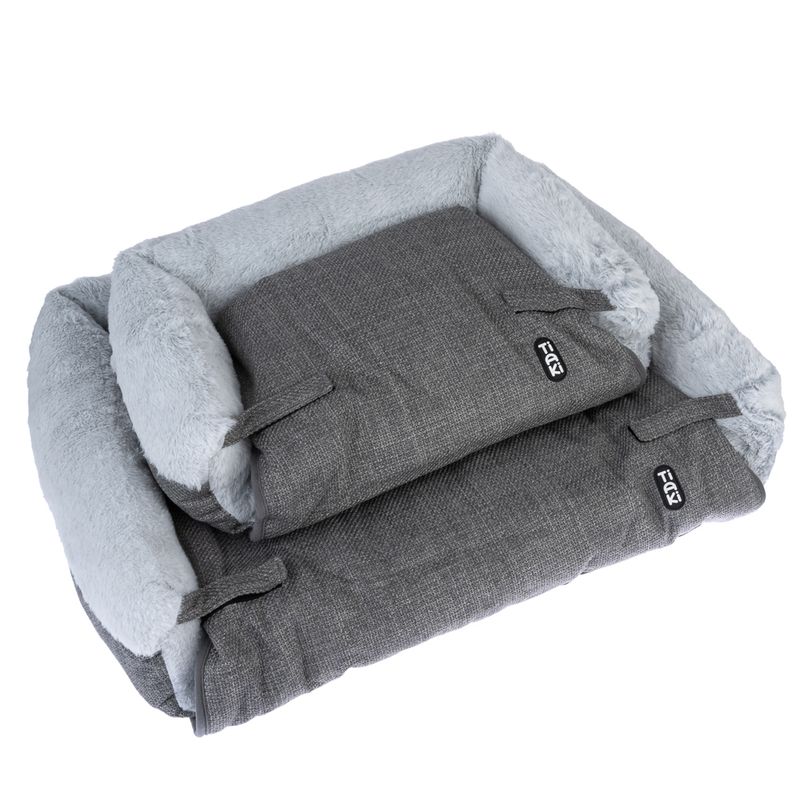 Grey pet bed with soft plush edge and removable cushion, FKY brand logo visible.