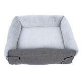 Rectangular grey pet bed with soft light grey plush interior and raised edge. Visible 'TR' logo on the front.