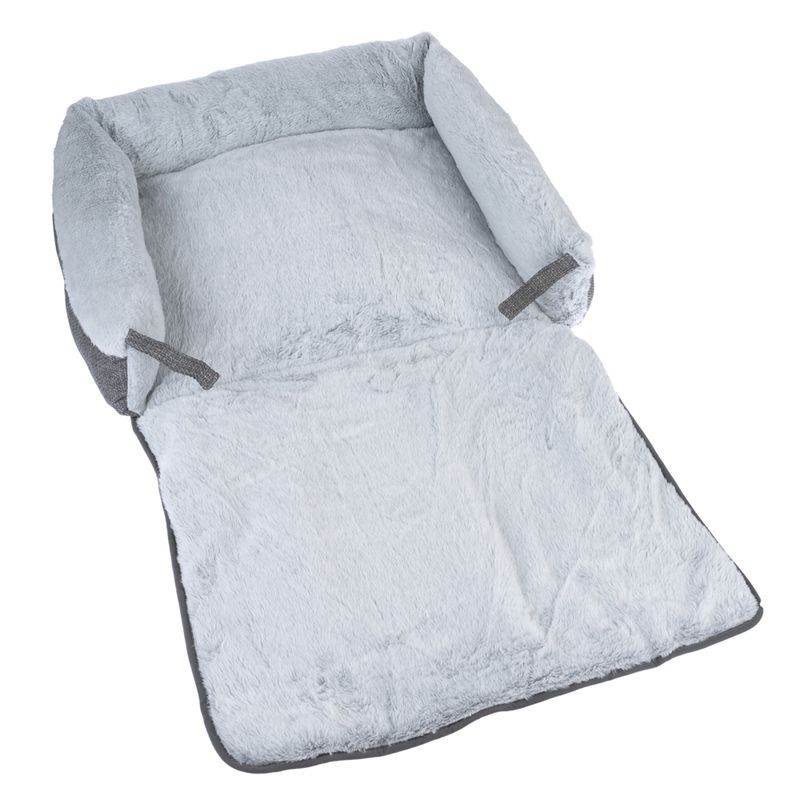 Grey, soft dog bed with fold-out lying surface and raised edge. Material: plush and fabric.