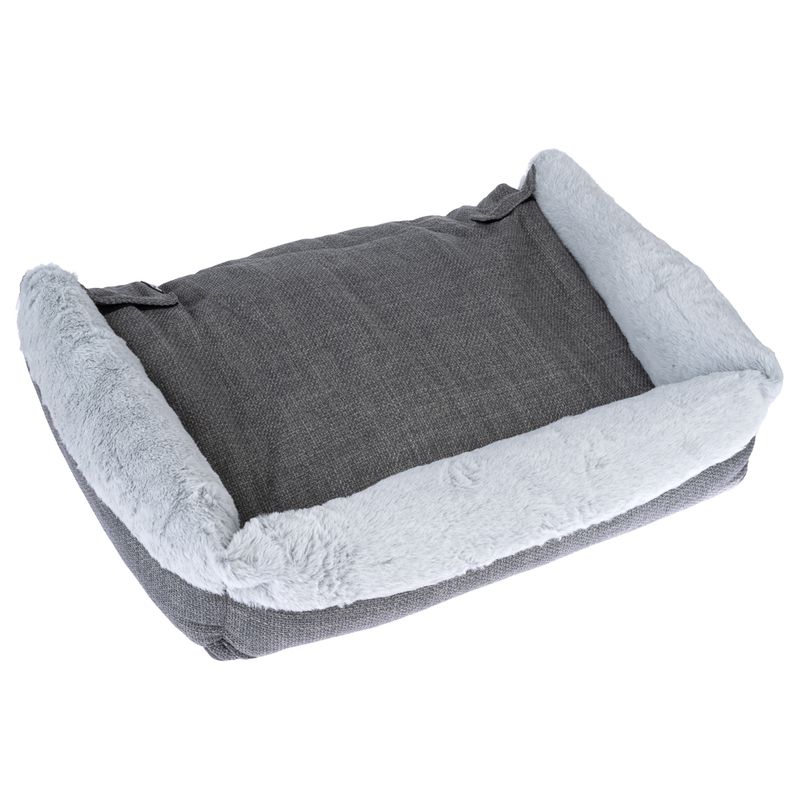 Grey pet bed with soft, light grey plush border and rectangular shape.