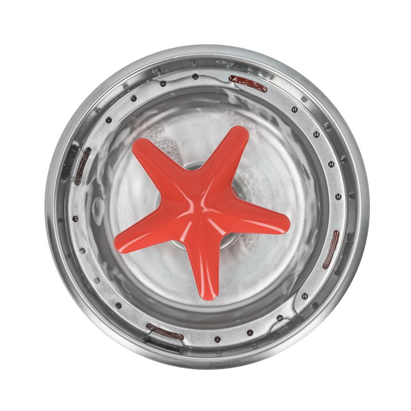 Red star-shaped insert in a silver stainless steel bowl, suitable for slowing down food intake.
