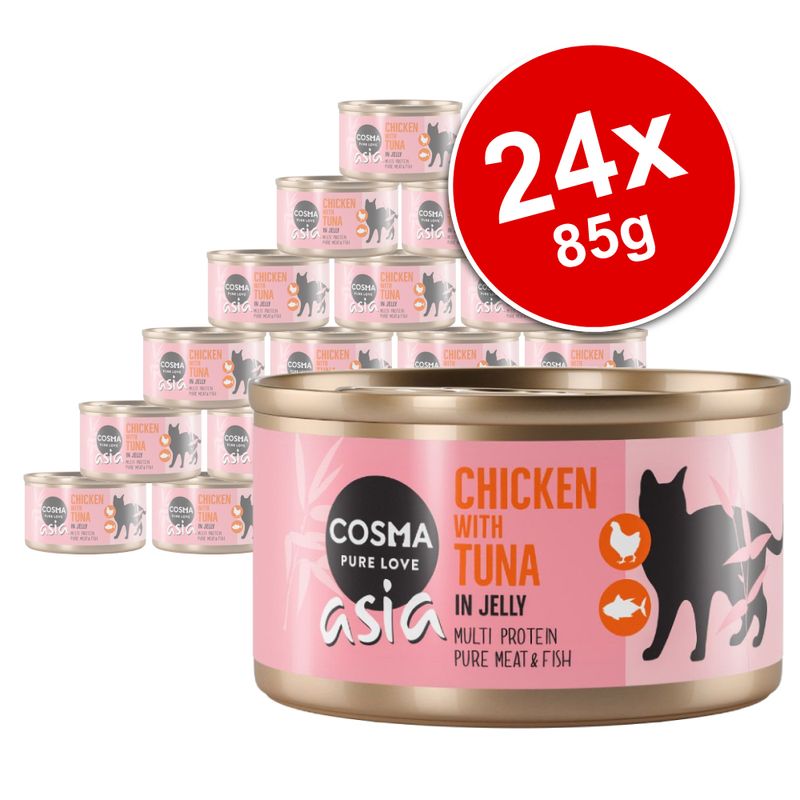 Cosma Asia Chicken with Tuna in Jelly, multi protein pure meat & fish, 24x85g tins shown. Pink label with cat silhouette and icons for chicken and fish.