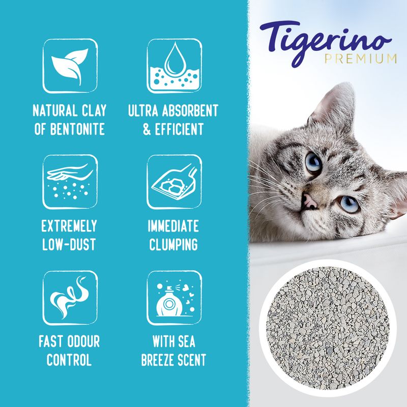 Product features: natural clay of bentonite, ultra absorbent and efficient, extremely low-dust, immediate clumping, fast odour control, with sea breeze scent.