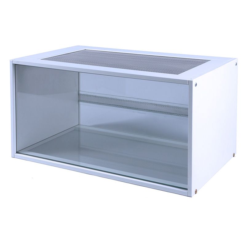 Glass and metal terrarium with ventilation grid on top and back wall, rectangular shape, suitable for keeping reptiles or small animals.