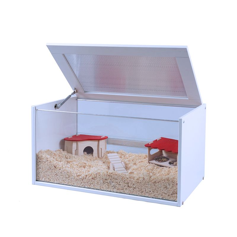 Hamster enclosure made of glass and wood with open lid, two red houses, a ramp and food bowls on bedding.