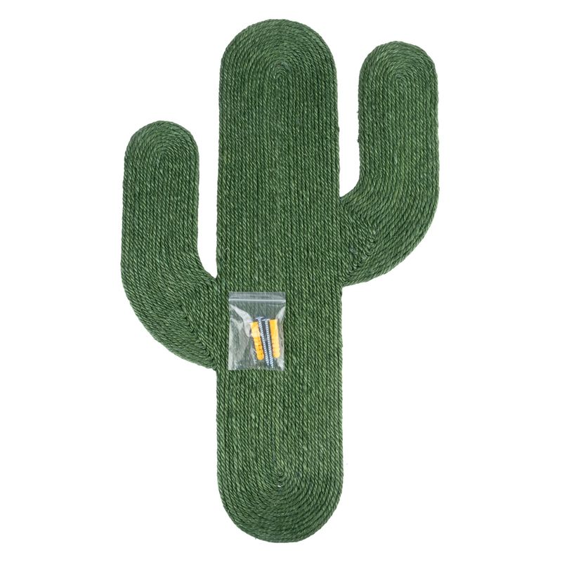 Green cactus-shaped scratching post made of rope material, includes fixing screws and plugs in a bag.