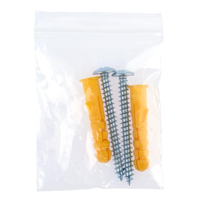 Two yellow wall plugs and two silver screws in a transparent plastic bag.