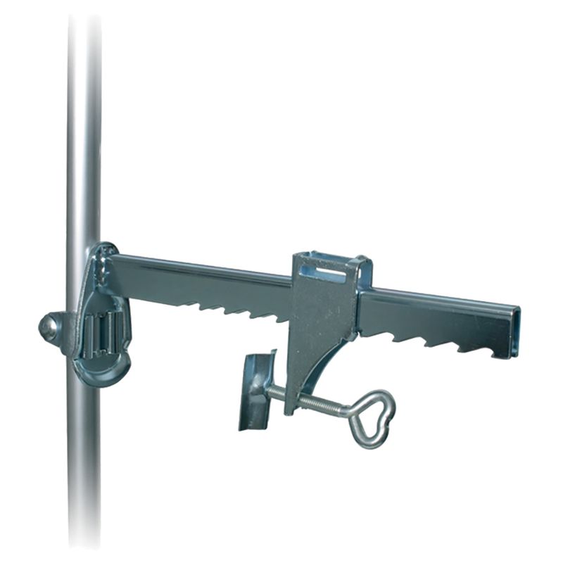 Metal bracket with adjustable clamp and serrated arm, suitable for attachment to a pole.