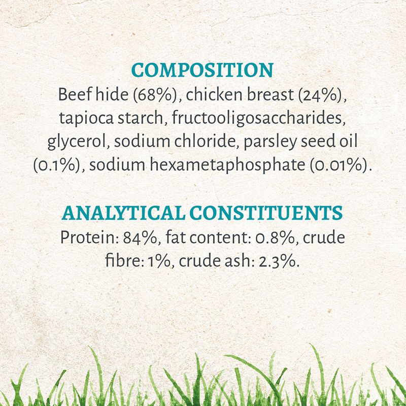 Composition: beef hide 68%, chicken breast 24%, tapioca starch, fructooligosaccharides, glycerol, sodium chloride, parsley seed oil 0.1%, sodium hexametaphosphate 0.01%. Protein 84%, fat 0.8%, fibre 1%, ash 2.3%.