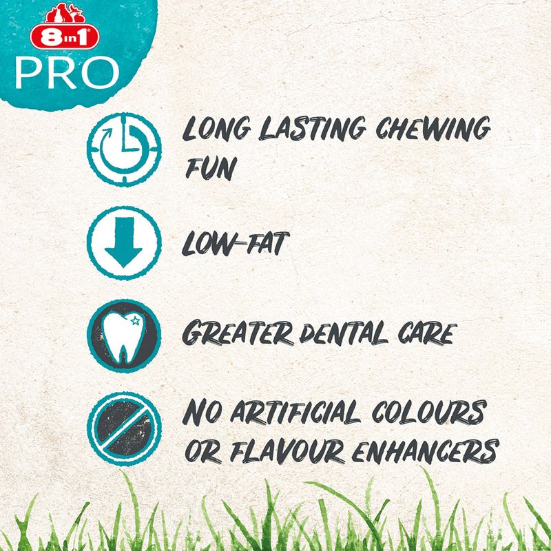 Long lasting chewing fun, low-fat, greater dental care, no artificial colours or flavour enhancers. 8 in 1 PRO brand shown.