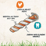 Treat with chicken breast inside, wrapped in tough beef hide, enriched with cleansing minerals. Features highlighted for product information.