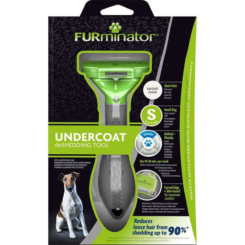 Undercoat deShedding tool for short hair, small size (4.5-9kg), use 10-20 minutes weekly, reduces loose hair shedding by up to 90%, features curved edge and fur ejector button.