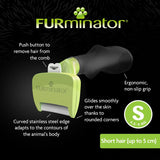 FURminator tool for short hair up to 5 cm, size S for 4.5–9 kg, features push button to remove hair, ergonomic non-slip grip, curved stainless steel edge, and rounded corners.