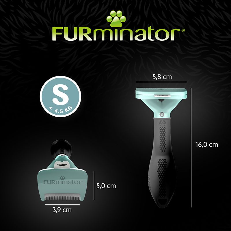FURminator grooming tool, size S for under 4.5 kg, shown with dimensions: width 5.8 cm, height 16 cm, blade width 3.9 cm, blade height 5 cm.