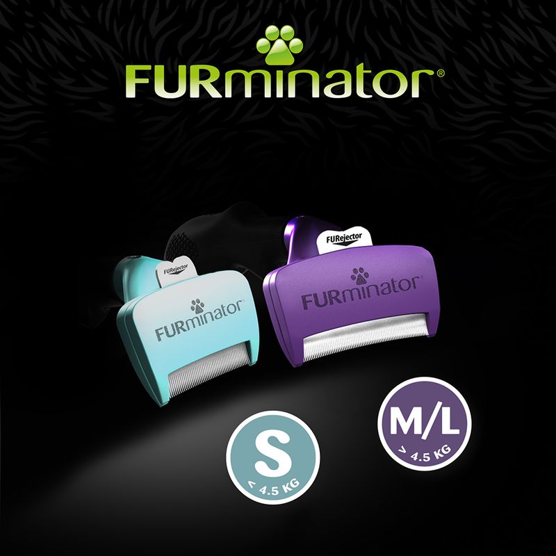 FURminator grooming tools shown in two sizes: S for under 4.5 kg and M/L for over 4.5 kg, with visible FURjector buttons on each tool.