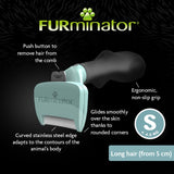 FURminator grooming tool for long hair over 5 cm, features push button to remove hair, ergonomic non-slip grip, curved stainless steel edge, and rounded corners for smooth gliding.
