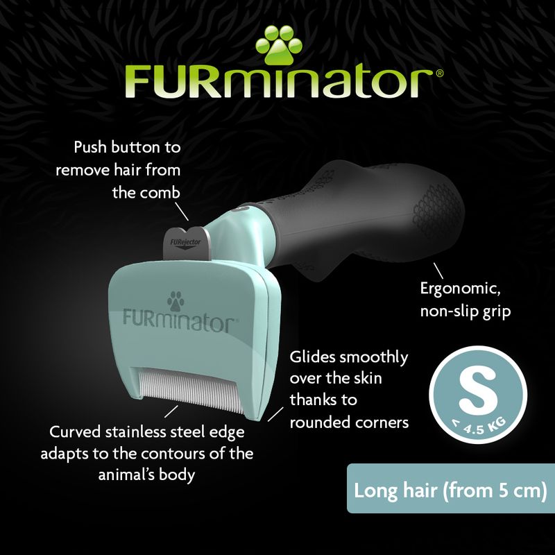 FURminator grooming tool for long hair over 5 cm, features push button to remove hair, ergonomic non-slip grip, curved stainless steel edge, and rounded corners for smooth gliding.