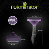 FURminator grooming tool for M/L size, over 4.5 kg. Dimensions: width 8.2 cm, height 16.0 cm, blade width 6.2 cm, blade height 5.0 cm.