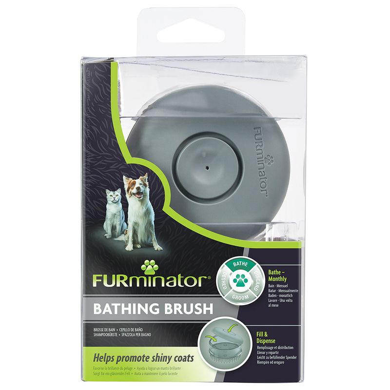 Furminator bathing brush packaging showing instructions to bathe monthly, fill and dispense shampoo, and helps promote shiny coats.