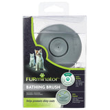 Furminator bathing brush packaging showing instructions to bathe monthly, fill and dispense shampoo, and helps promote shiny coats.