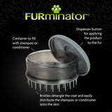 Shampoo or conditioner dispenser with bristles for detangling and distributing product onto the coat, featuring a container to fill and a button for applying the product.